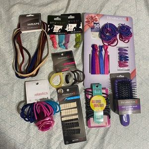 Remington hair brush, bobby pin, hair ties & wraps